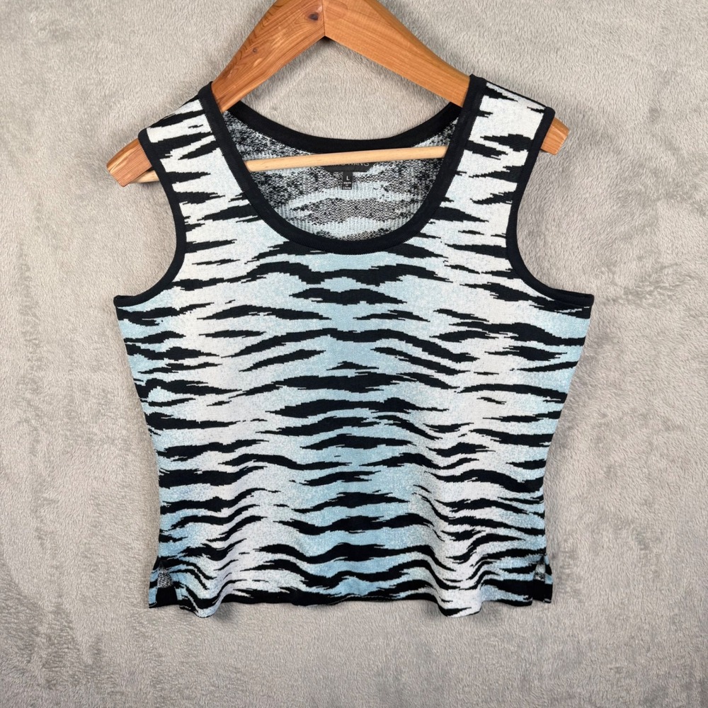 Ming Wang Tank Top Women L Blue Zebra Print Knit Sleeveless Scoop Neck Pullover